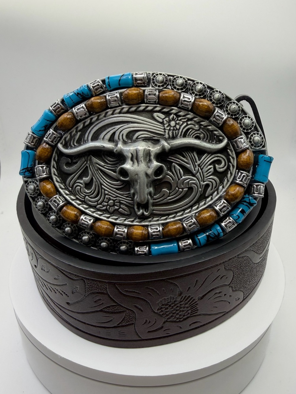 Western Longhorn Skull Beaded Belt Size 34